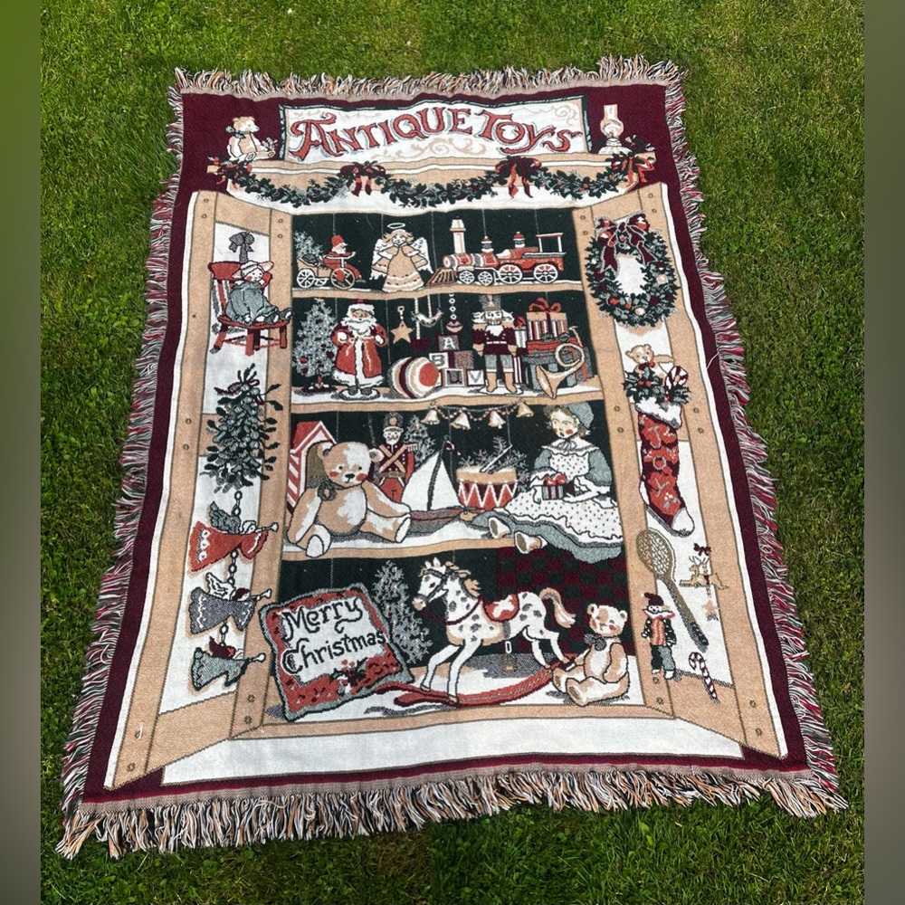 Vintage “Antique Toys” Christmas Tapestry Throw Blanket